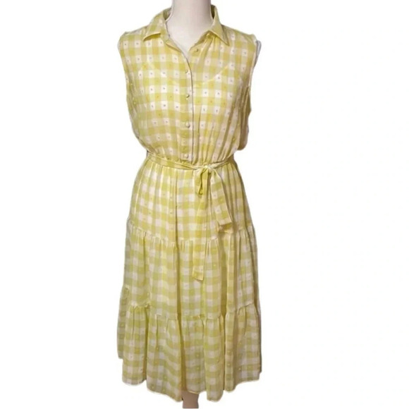 Nanette Lepore Yellow White Belted Sleeveless Dress Size 8 - Picture 1 of 6